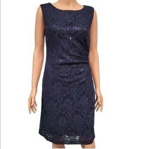 Tahari ASL Luxe Lace Sheath Dress Womens 16 Navy Blue Sleeveless